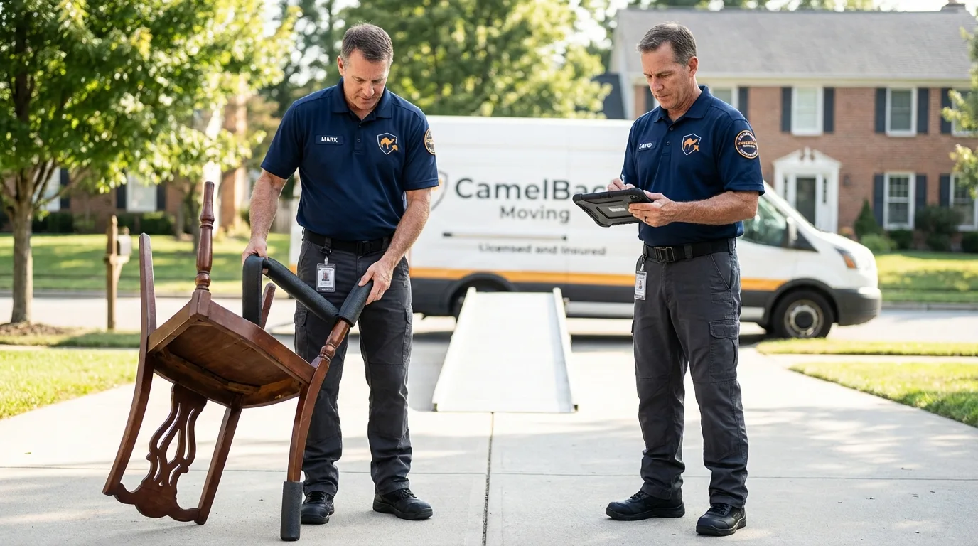 Movers inspecting furniture for damage prevention before loading in Grottoes, VA